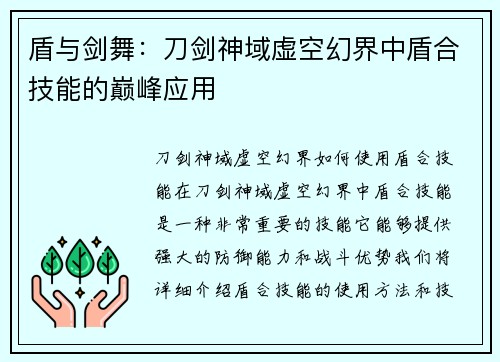 盾与剑舞：刀剑神域虚空幻界中盾合技能的巅峰应用